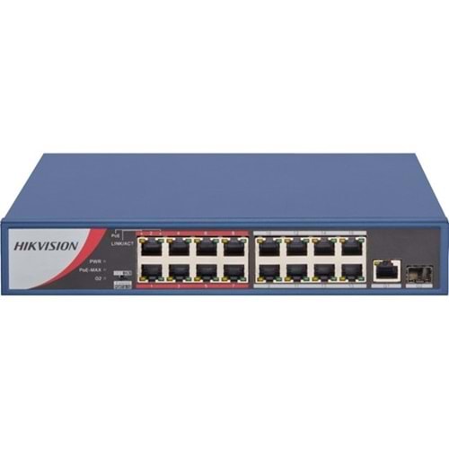 HIKVISION SWITCH POE 10/100 STANDART 16 PORT +2 UPLINK (225W,300 METREYE KADAR DESTEK,YANIT VERMEYEN KAMERALARI OTOMATİK OLARAK ALGILAR YENİDEN BAŞLATIR,+2 UPLINK GIGABİT DESTEK,6 KV GERİLİM KORUMASI)