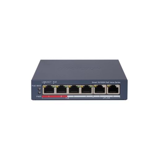 HIKVISION SWITCH POE 10/100 STANDART 4 PORT +2 UPLINK (45W GÜÇ,300 METREYE KADAR POE İLETİM,6KV AŞIRI GERİLİM KORUMASI)