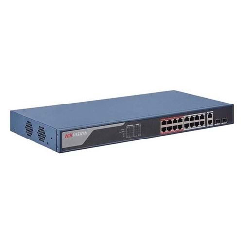 Hikvision 16 Port Poe Switch /2 X Uplink Gigabit Port,230W POE GÜCÜ,PoE portları için 6 KV aşırı gerilim koruması,300 METREYE KADAR KAMERA UZATMA DESTEĞİ)