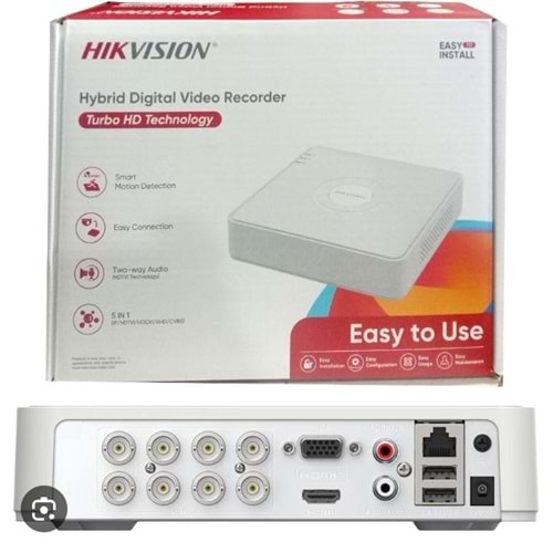 HIKVISION 8 KANAL HİBRİT KAYIT CİHAZI DVR (ÇİFT YÖNLÜ SES DESTEĞİ,H265+,4 TB HDD DESTEK,5 MP 2 ADET IP KAMERA DESTEK)
