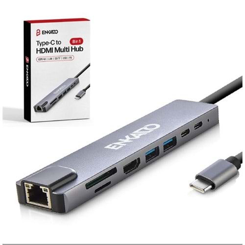 ENKADO TYPE-C TO TO HDMI 8İN 2PD+2 USB 2,0 +HDMI 4K +SD/TF+ETHERNET 100MBS