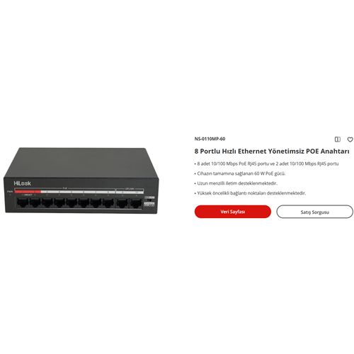 HİLOOK 8 PORT POE SWİTCH 60W +2 PORT MEGABİT UPLİNK