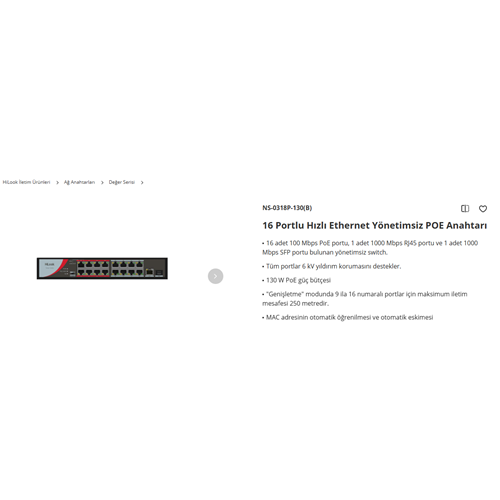 HİLOOK POE SWİTCH 16 PORT 10/100 1*1000 MBPS RJ 45 PORT +1*1000MBPS SFP PORT