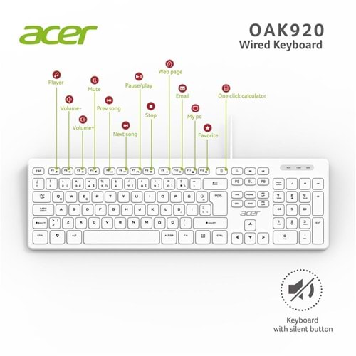 Acer Q Usb Beyaz 1.8mt Kablolu Klavye/Tek Tuş Hesap Makinalı (Sessiz Tuş)