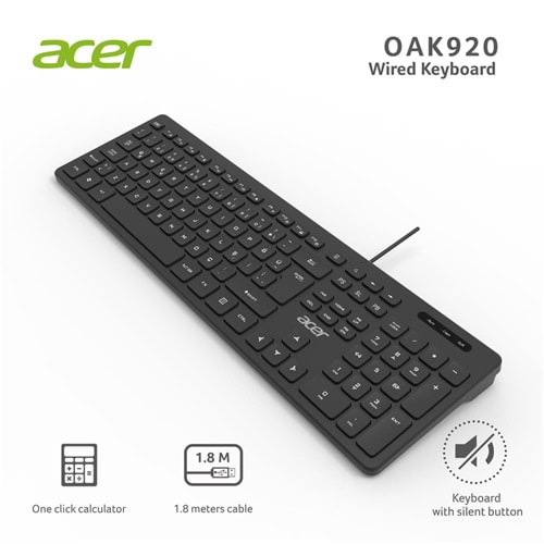 Acer Q Usb SİYAH 1.8mt Kablolu Klavye/Tek Tuş Hesap Makinalı (Sessiz Tuş)