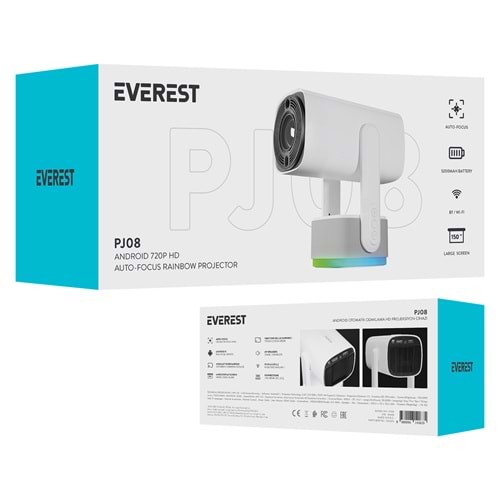 EVEREST BEYAZ FULL HD LED PROJEKSİYON (ANDROİD 11,KABLOSUZ EKRAN YANSITMA,DAHİLİ HOPARLÖR,OTOMATİK ODAK,4K DESTEK,1.5-4 METRE MESAFE)