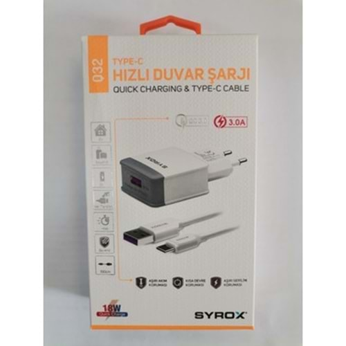 SYROX SARJ ADAPTÖRÜ VE TYPE-C KABLO 18 W 3.0 A