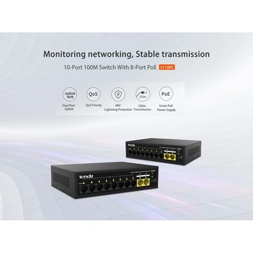 TENDA 80 W 10 PORT 8 PORT POE+ 10/100 MBPS + 2 PORT UPLINK SWITCH