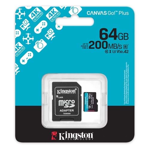 Kingston 64GB microSDXC Canvas Go Plus Gen4 200MB/s A2 U3 V30 Card + ADP Hafıza Kartı