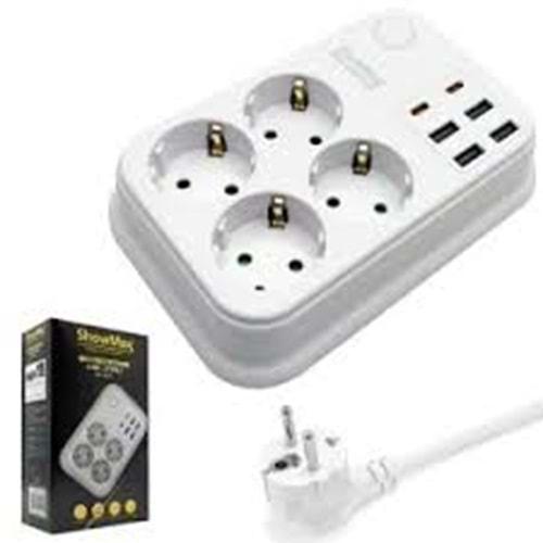 SHOWMAX SH-4629 TERMAL AKIM KORUMALI 2MT KABLOLU 4PRİZ+4USB+2 TYPE-C