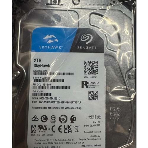 SEAGATE 2 TB HDD 3.5 SKYHAWK SATA 5400RPM 256MB 7/24 GÜVENLIK HARDDİSK(SIFIR GARANTİLİ ÜRÜN)