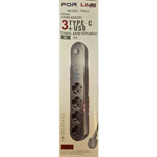 FORLINE 4LÜ TERMAL AKIM KORUMALI GRUP PRİZ USB+TYPE-C