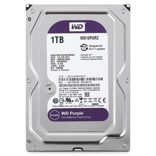 WD 1 TB 3.5 PURPLE SATA3 5400RPM 64MB 7/24 GUVENLIK WD10PURZ (3 YIL RESMI DIST GARANTILI)