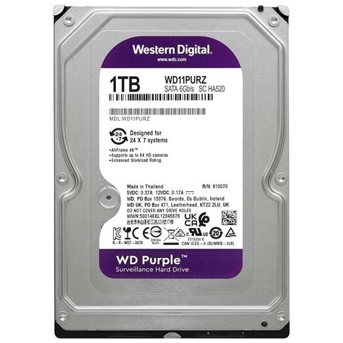 WD 1 TB 3.5 PURPLE SATA3 5400RPM 64MB 7/24 GUVENLIK WD11PURZ (RESMI DIST GARANTILI)