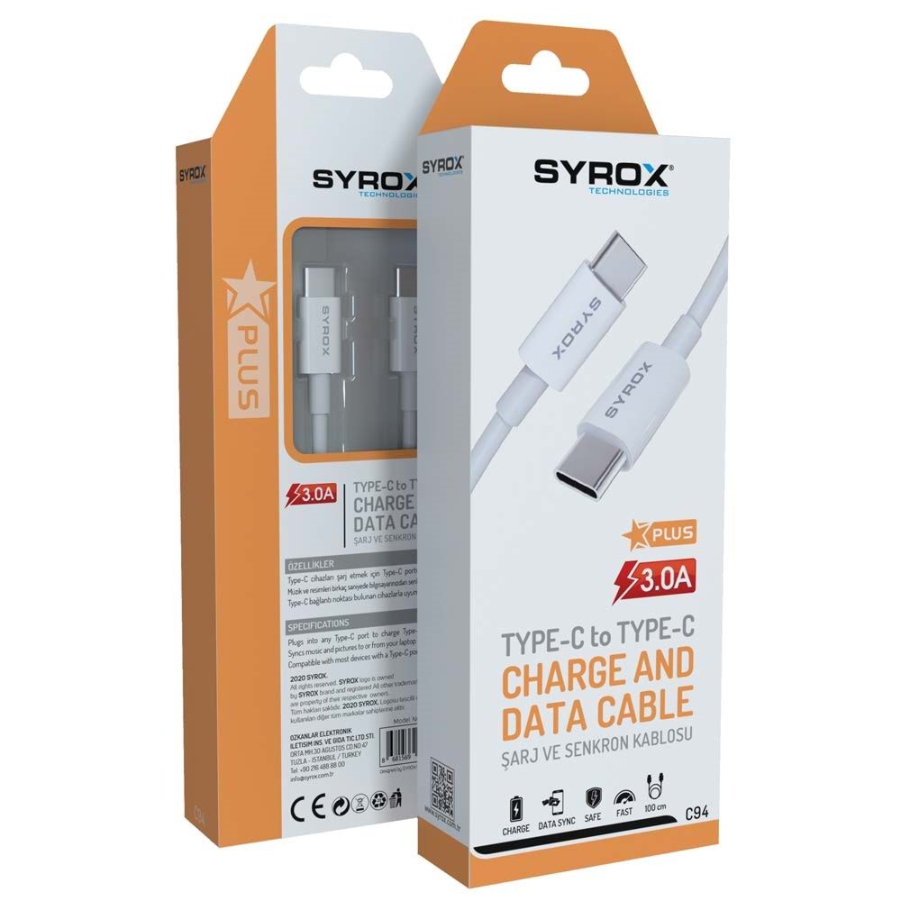 Syrox C94 3.0A Type-C To Type-C Data ve Şarj KABLOSU