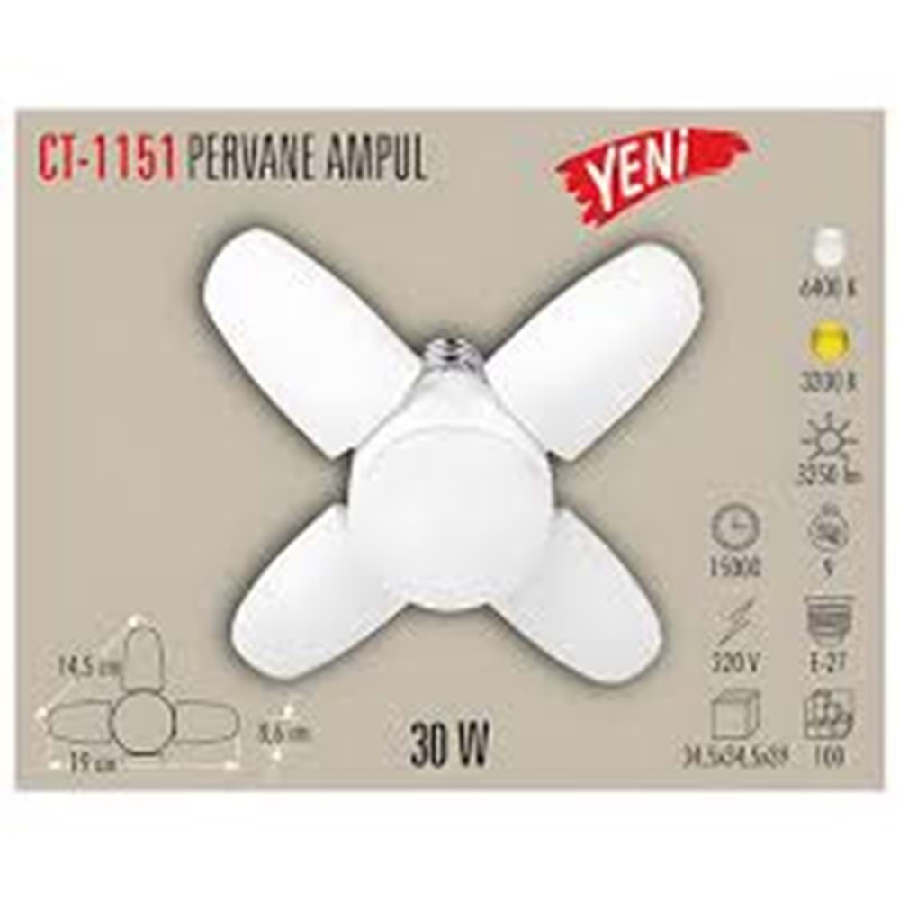 Cata 30 Watt 4 Kollu Pervane Led Ampul Beyaz CT-1151