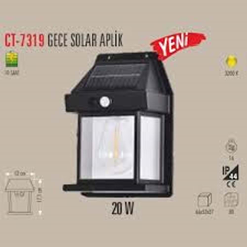 CATA CT 7319 Gece 20W Solar Led Aplik Ampullü 3200K Gün Işığı