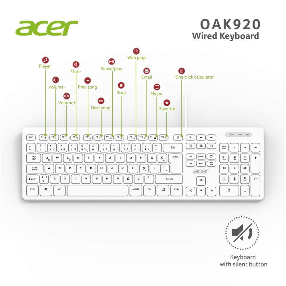 Acer Q Usb Beyaz 1.8mt Kablolu Klavye/Tek Tuş Hesap Makinalı (Sessiz Tuş)