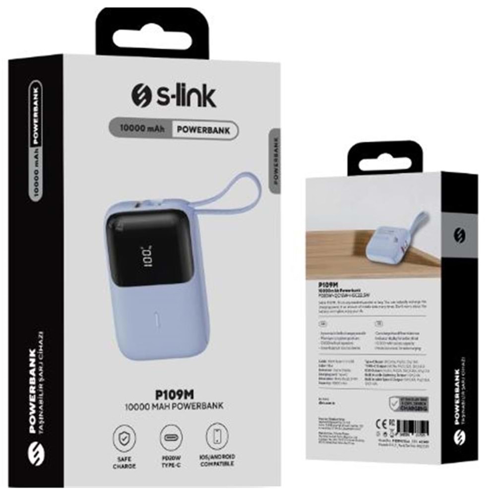 S-link 10000mAh 5W Mavi LCD Taşınabilir Pil Şarj Cihazı Powerbank