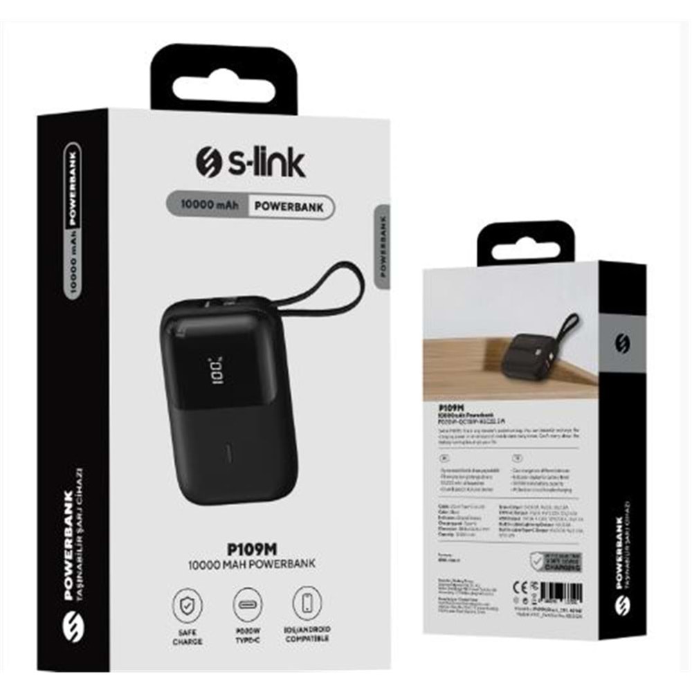 S-link 10000mAh PD20W .5W Siyah LCD Taşınabilir Pil Şarj Cihazı Powerbank