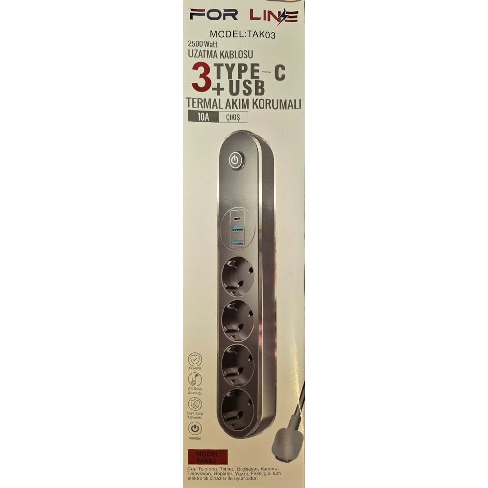 FORLINE 4LÜ TERMAL AKIM KORUMALI GRUP PRİZ USB+TYPE-C
